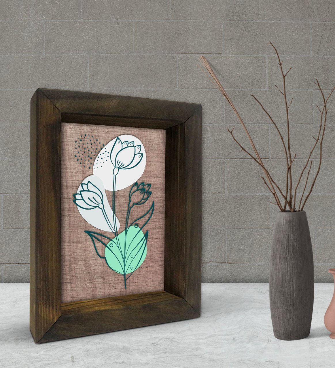 BK Gift Minimal Çiçekler Tasarımlı Dekoratif Doğal Masif Ahşap Çerçeve 15x20cm-2