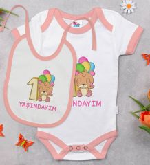 BK Kids 1 Yaşındayım Tasarımlı Pembe Bebek Body Zıbın ve Mama Önlüğü Hediye Seti-1