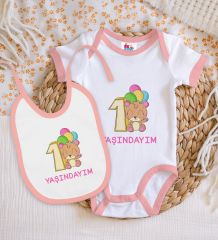 BK Kids 1 Yaşındayım Tasarımlı Pembe Bebek Body Zıbın ve Mama Önlüğü Hediye Seti-1