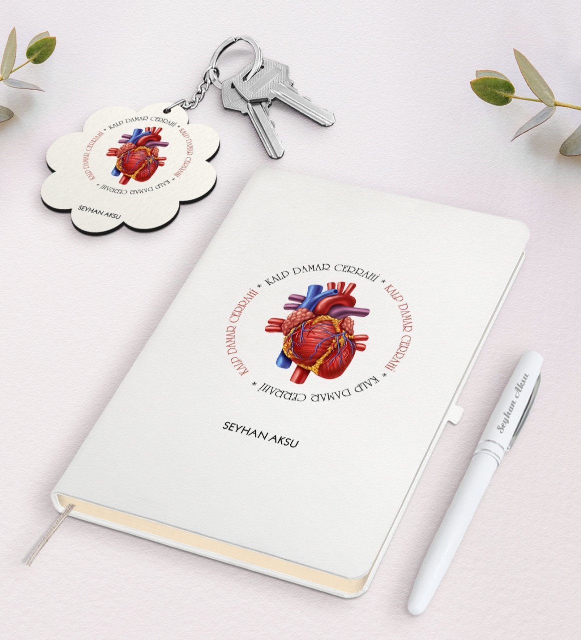 Kişiye Özel Kalp Damar Cerrahi Beyaz Defter Kalem ve Anahtarlık Hediye Seti-5