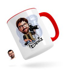 Kişiye Özel Erkek Profesyonel Fotoğrafçı Karikatürlü Kırmızı Kupa Bardak-1