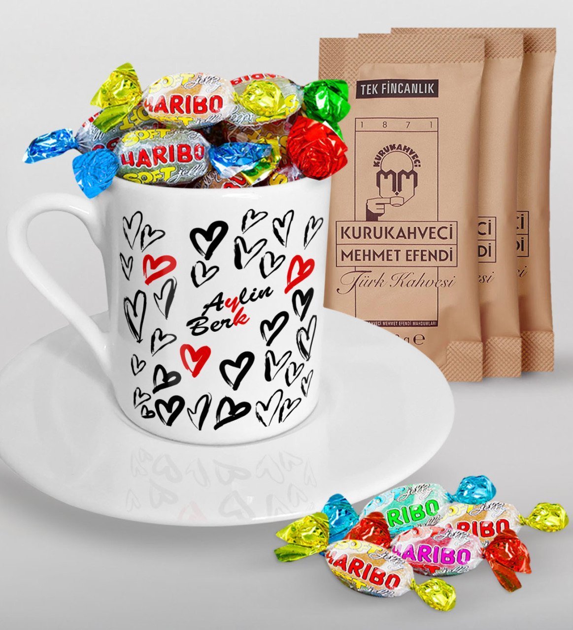 Kişiye Özel Sevgililer Günü Türk Kahvesi Fincanı Mehmet Efendi Kahve ve Haribo Şeker Hediye Seti-64