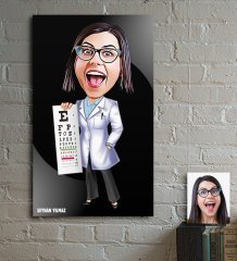 Kişiye Özel Bayan Göz Doktoru Karikatür Ahşap Tablo - 1