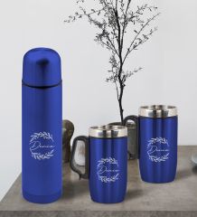 BK Gift Kişiye Özel Deri Çantalı Mavi Seyahat Termosu ve İkili Termos Mug Hediye Seti -5