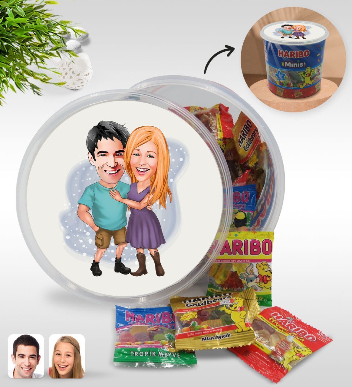 Kişiye Özel Sevgililer Karikatürlü Dev Boy Haribo Minis Kovası (10gx100adet) Model 80