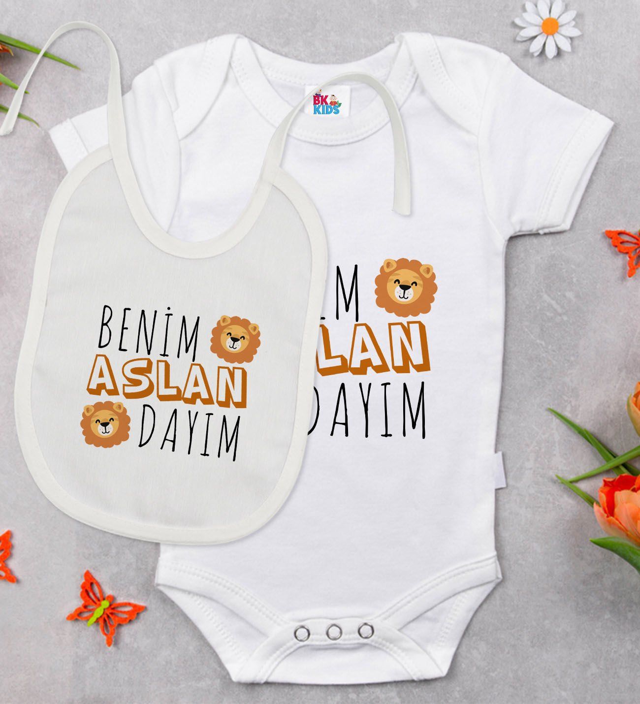 BK Kids Aslan Dayım Tasarımlı Beyaz Bebek Body Zıbın ve Mama Önlüğü Hediye Seti-1