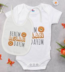 BK Kids Aslan Dayım Tasarımlı Beyaz Bebek Body Zıbın ve Mama Önlüğü Hediye Seti-1