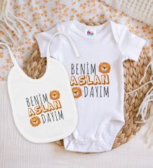 BK Kids Aslan Dayım Tasarımlı Beyaz Bebek Body Zıbın ve Mama Önlüğü Hediye Seti-1