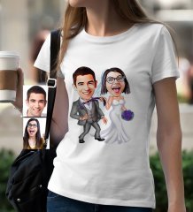 Kişiye Özel Evleniyoruz Karikatür Beyaz Bayan Tişört - 6