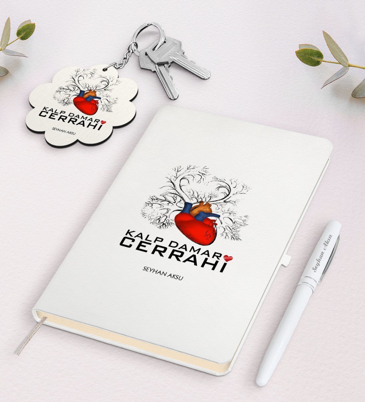 Kişiye Özel Kalp Damar Cerrahi Beyaz Defter Kalem ve Anahtarlık Hediye Seti-4