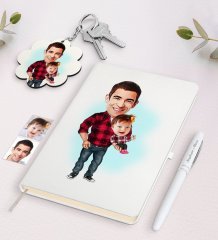 Kişiye Özel Baba Kız Karikatürlü Beyaz Defter Kalem ve Anahtarlık Hediye Seti-2