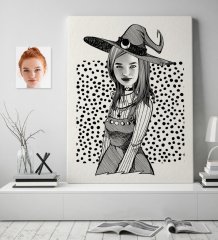 Kişiye Özel Bayan Cadılar Bayramı Karikatürlü Kanvas Tablo (70 x 100 cm.)