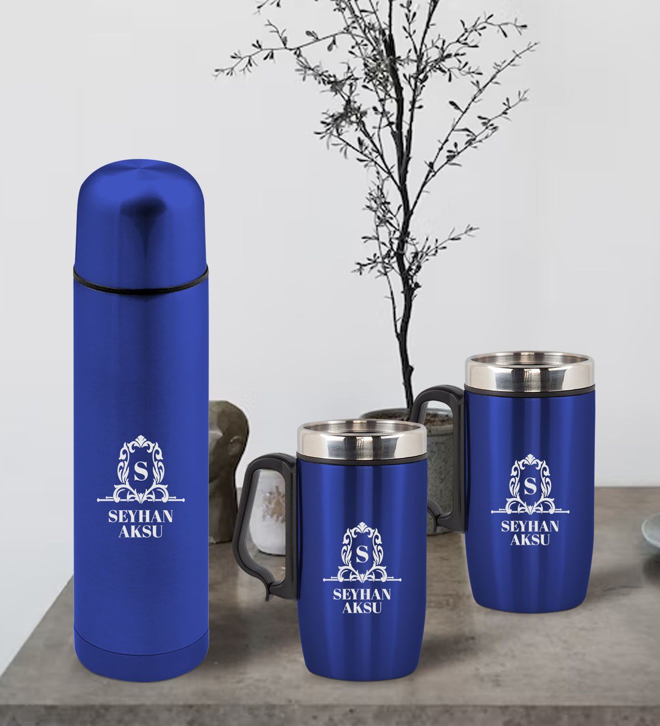 BK Gift Kişiye Özel Deri Çantalı Mavi Seyahat Termosu ve İkili Termos Mug Hediye Seti - 4