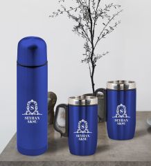 BK Gift Kişiye Özel Deri Çantalı Mavi Seyahat Termosu ve İkili Termos Mug Hediye Seti - 4