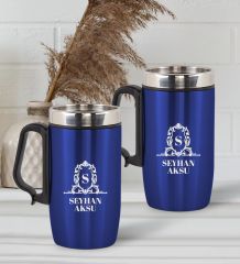 BK Gift Kişiye Özel Deri Çantalı Mavi Seyahat Termosu ve İkili Termos Mug Hediye Seti - 4