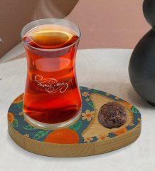 Kişiye Özel Portakal Tasarımlı Doğal Ahşap Tabaklı Heybeli Çay Bardağı Sunum Seti Model 1