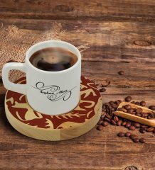 Kişiye Özel Retro Motif Tasarımlı Doğal Ahşap Tabaklı Türk Kahvesi Fincanı Model 2
