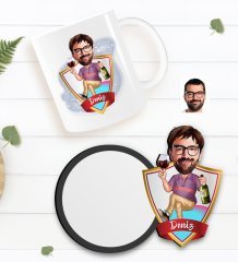 Kişiye Özel Erkek Karikatürlü Beyaz Kupa ve Ahşap Bardak Altlığı Hediye Seti-2