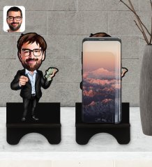 Kişiye Özel Erkek Milyoner Karikatürlü Ahşap Biblo Telefon Standı-1