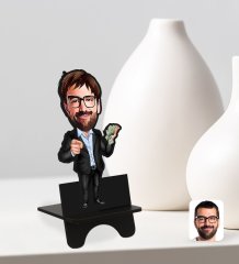 Kişiye Özel Erkek Milyoner Karikatürlü Ahşap Biblo Telefon Standı-1