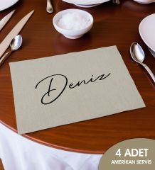 BK Gift Kişiye Özel İsimli 4’li Keten Amerikan Servis Seti-1, Ev Hediyesi,Baskılı Servis Bezi, Mutfak Dekoru
