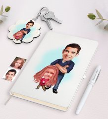 Kişiye Özel Baba Kız Karikatürlü Beyaz Defter Kalem ve Anahtarlık Hediye Seti-1