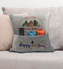 BK Gift Kişiye Özel Yılbaşı Tasarımlı Organizer Kumanda ve Atıştırmalık Cepli Gri Kırlent Yastık, Yılbaşı Hediyesi- 3, Yeni Yıl Hediyeleri