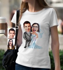 Kişiye Özel Evleniyoruz Karikatür Beyaz Bayan Tişört - 5