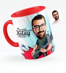 Kişiye Özel Bay Gitarist Karikatürlü Kırmızı Kupa Bardak - 1