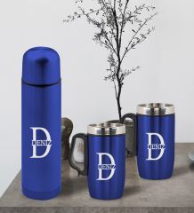 BK Gift Kişiye Özel Deri Çantalı Mavi Seyahat Termosu ve İkili Termos Mug Hediye Seti - 3