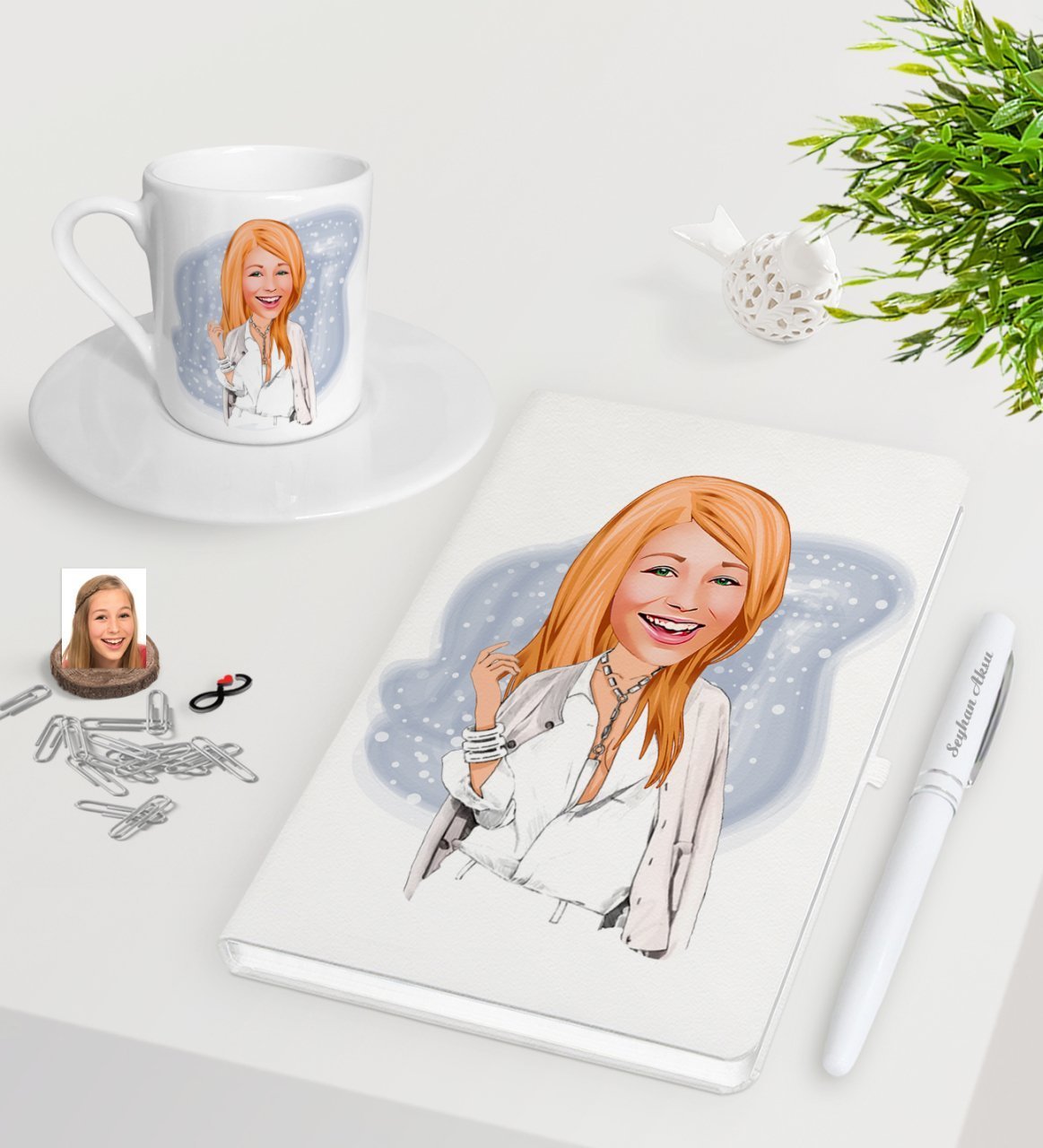 Kişiye Özel Bayan Model Karikatürlü Beyaz Defter Kalem Türk Kahvesi Fincanı Seti-2