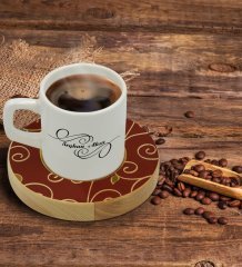 Kişiye Özel Retro Motif Tasarımlı Doğal Ahşap Tabaklı Türk Kahvesi Fincanı Model 1