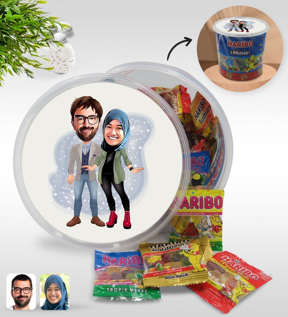 Kişiye Özel Sevgililer Karikatürlü Dev Boy Haribo Minis Kovası (10gx100adet) Model 60