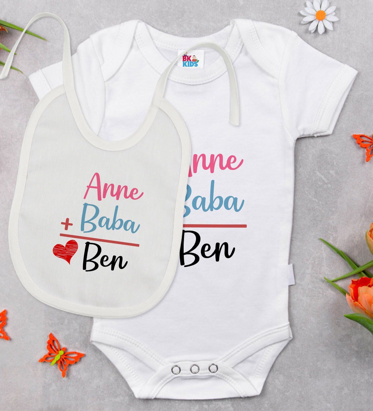 BK Kids Anne Baba Tasarımlı Beyaz Bebek Body Zıbın ve Mama Önlüğü Hediye Seti-1