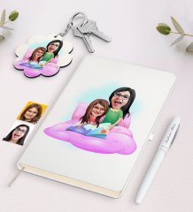 Kişiye Özel Anne Kız Karikatürlü Beyaz Defter Kalem ve Anahtarlık Hediye Seti-3
