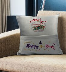 BK Gift Kişiye Özel Yılbaşı Tasarımlı Organizer Kumanda ve Atıştırmalık Cepli Gri Kırlent Yastık, Yılbaşı Hediyesi- 2, Yeni Yıl Hediyeleri