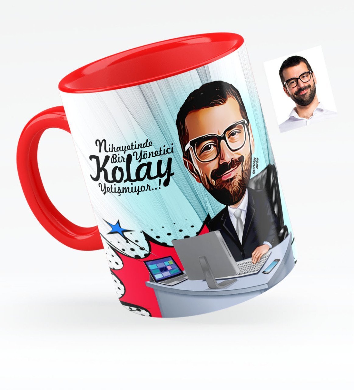 Kişiye Özel Bay Genel Müdür Karikatürlü Kırmızı Kupa Bardak - 1