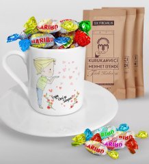 Kişiye Özel Sevgililer Günü Türk Kahvesi Fincanı Mehmet Efendi Kahve ve Haribo Şeker Hediye Seti-61