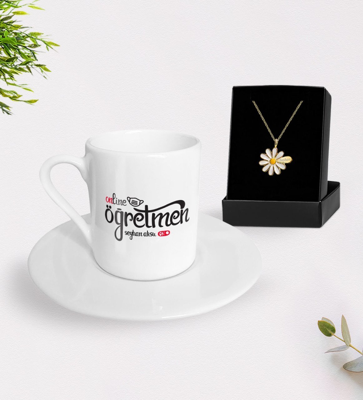 Kişiye Özel Online Öğretmen Türk Kahvesi Fincanı ve İsimli Papatya Kolye Hediye Seti-1
