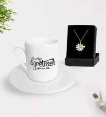 Kişiye Özel Online Öğretmen Türk Kahvesi Fincanı ve İsimli Papatya Kolye Hediye Seti-1