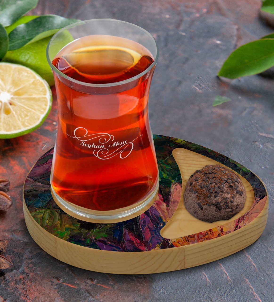 Kişiye Özel Modern Art Tasarımlı Doğal Ahşap Tabaklı Heybeli Çay Bardağı Sunum Seti Model 20