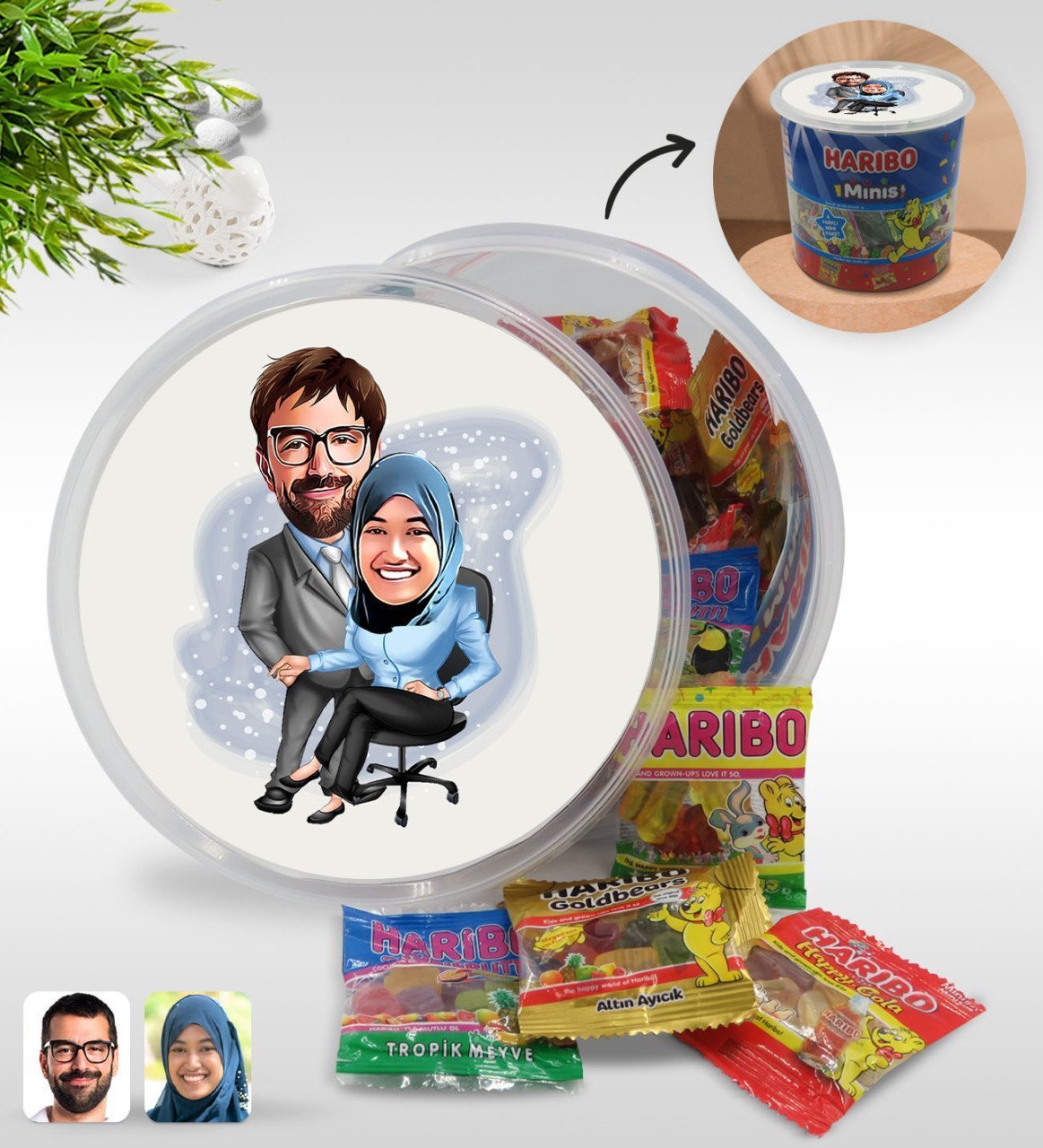 Kişiye Özel Sevgililer Karikatürlü Dev Boy Haribo Minis Kovası (10gx100adet) Model 59
