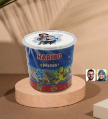 Kişiye Özel Sevgililer Karikatürlü Dev Boy Haribo Minis Kovası (10gx100adet) Model 59