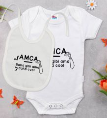 BK Kids Amca Baba Gibi Tasarımlı Beyaz Bebek Body Zıbın ve Mama Önlüğü Hediye Seti-1