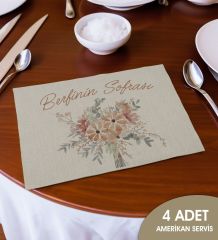 BK Gift Kişiye Özel Çiçek Tasarımlı 4’li Keten Amerikan Servis Seti-16, Ev Hediyesi,Baskılı Servis Bezi, Mutfak Dekoru