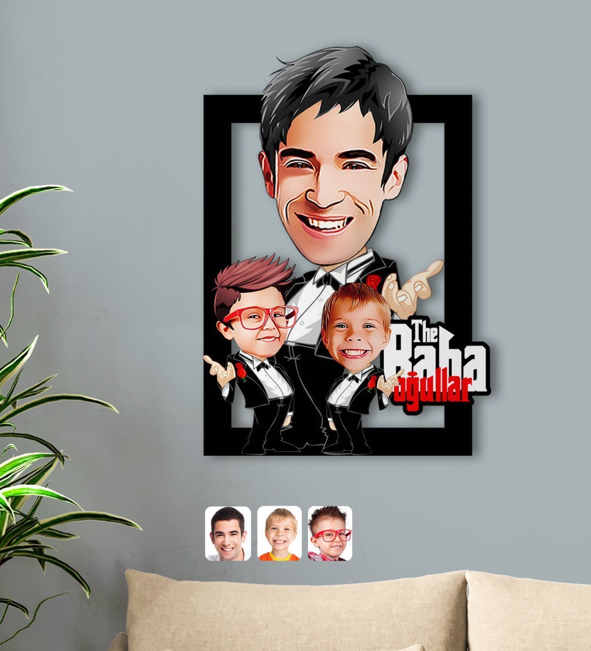 Kişiye Özel Godfather Baba ve Oğullar Karikatürlü 3D Ahşap Tablo-1