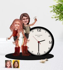 Kişiye Özel Kız Kardeşler Karikatürlü Ahşap Biblo Masa Saati-5