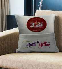 BK Gift Kişiye Özel Yılbaşı Tasarımlı Organizer Kumanda ve Atıştırmalık Cepli Gri Kırlent Yastık, Yılbaşı Hediyesi- 1, Yeni Yıl Hediyeleri