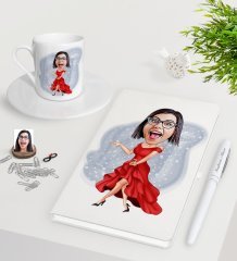 Kişiye Özel Bayan Manken Karikatürlü Beyaz Defter Kalem Türk Kahvesi Fincanı Seti-1