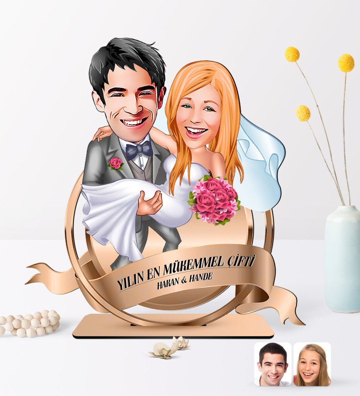 Kişiye Özel Yılın En Mükemmel Çifti Karikatürlü 3D Ahşap Biblo Plaket-72